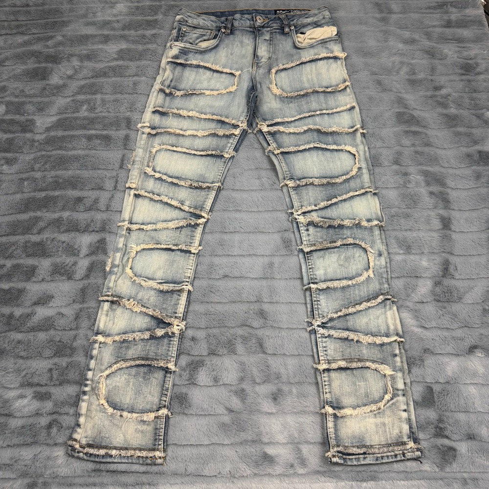 M.Society Boys Size 18 Light Wash Distressed Stacked Patch Jeans Streetwear